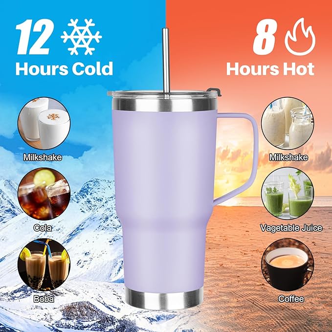 20 oz Tumbler with Handle, Stainless Steel Insulated Tumbler with Lid and Straw, Double Wall Vacuum Insulated Coffee Mug Tumbler, Insulated Coffee Thermal Cup for Cold and Hot (Light Purple)