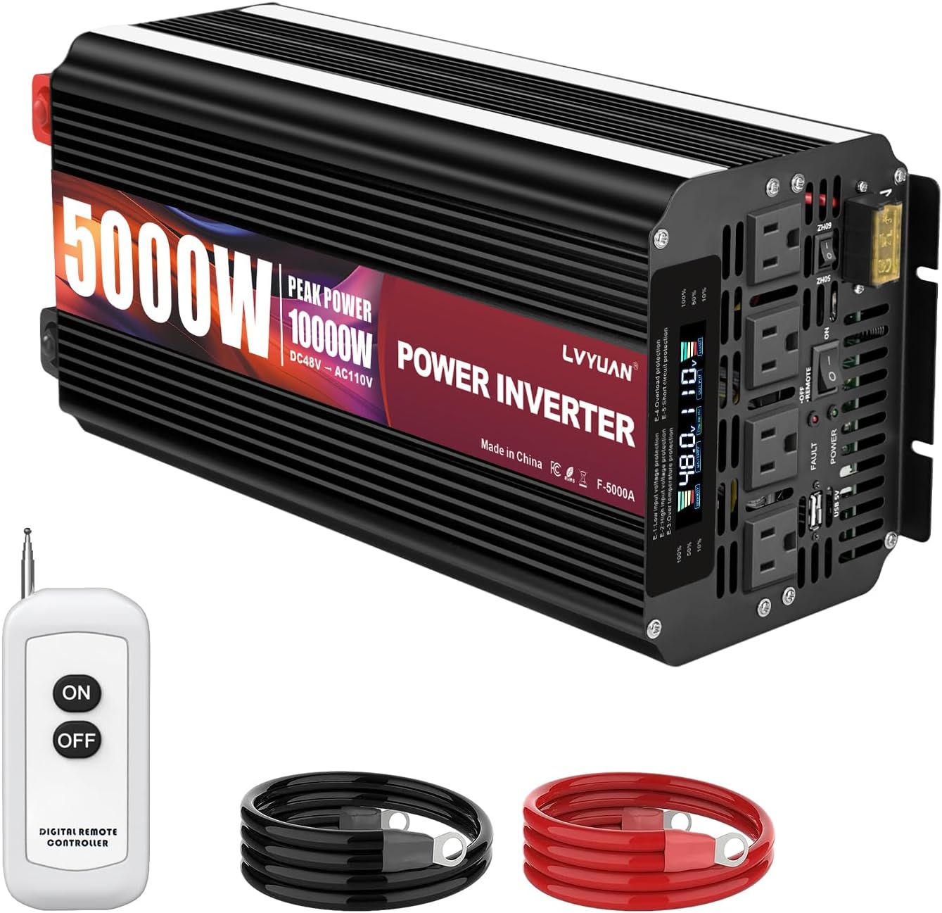 LVYUAN 5000 Watt Power Inverter 48V to 110V 120V for Vehicle, Solar Inverter System, Heavy Duty, RV, Truck, Off Grid,Camping with 4 AC Outlets, LCD Display, Wireless Remote Control, Car Power Inverter