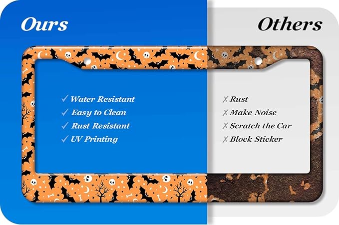 2PCS Halloween Orange Bat Pattern License Plate Frames for Men Women - Universal Aluminum Stainless Steel Personalized Car Tag Covers Holder with Screws, Caps, Rattle Proof Pads and Handlebar Stickers