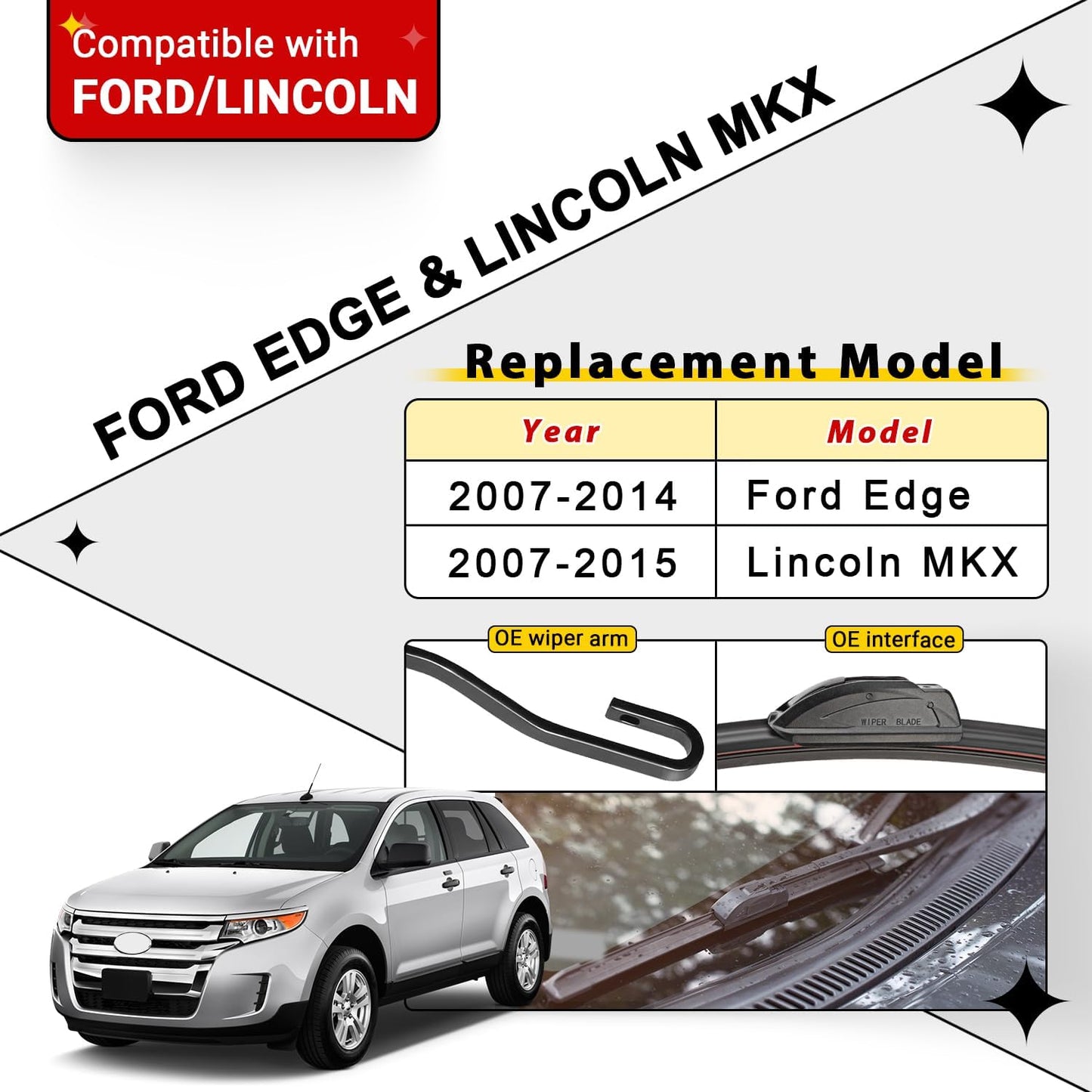 Windshield Wiper Blades Replacement for 2007-2014 Ford Edge Original Factory Quality Front Rear Wipers Blade Set for My Car - 26" 20" 14" (Pack of 3)