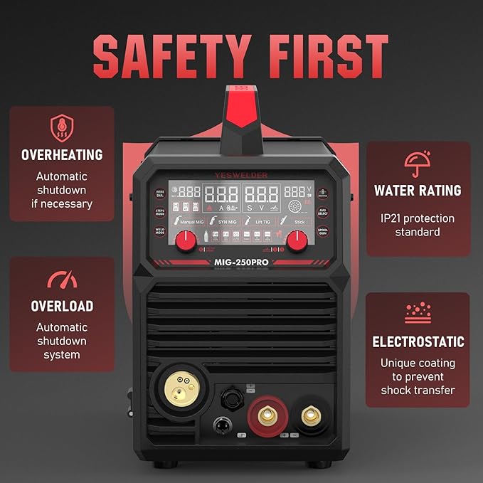 YESWELDER MIG-250PRO Aluminum MIG Welder, 250A 110V/220V Advanced Digital Display, MIG/Pulsed MIG/Flux Core/Spool Gun MIG/Lift TIG/Stick 6-In-1 Multiprocess Welding Machine, Spool Gun Compatible