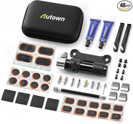 AUTOWN Bike Tire Repair Kit, 48PCS Bicycle Tire Patch Kit with Pump, Inner Tube Patch Kit with Patches, Tire Levers, Rubber Repair Sealants & Waterproof Bag for Bikes, Motorcycles & Inflatable Tubes