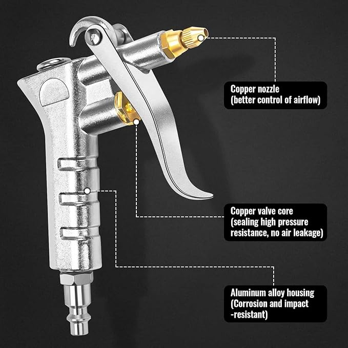 Adjustable Brass Air Nozzle Blow Gun, Heavy-Duty Industrial Air Gun Blower with Steel Extension, Professional Dust Cleaning Tool for Air Compressor Attachments