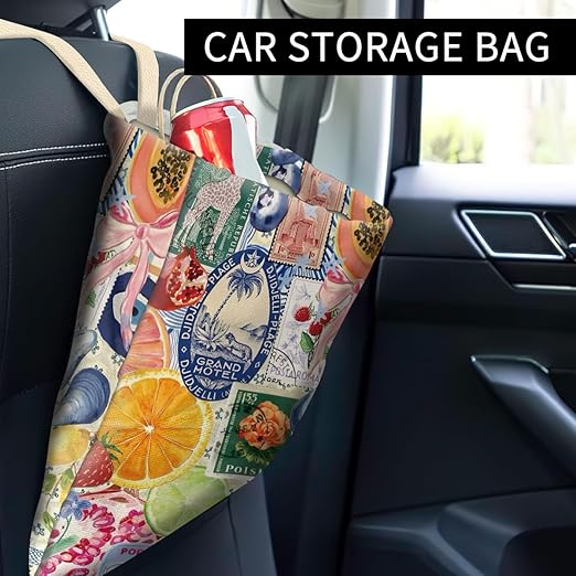 Car Trash Can, Cute Car Trash Bag, Hanging Car Organizer and Storage Bag, Trash Bin for Car Accessories, Vehicle, Travelling, Camping Colorful Fruit Collage