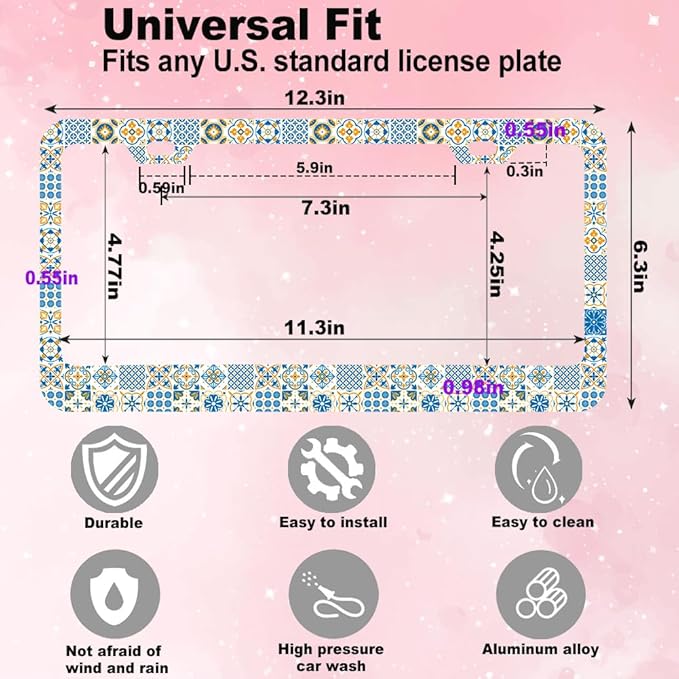 2pcs Vintage European Mediterranean Style Blue and White License Plate Frame for Women, Spanish Style car Decorative tag Frames Girly,Italian Mediterranean License Plate Cover Holder for Vehicle