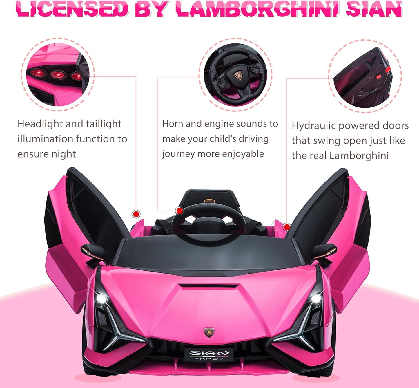 Licensed Lamborghini SIAN Kids Electric Ride On Car Toy by TOBBI, 12V Battery Powered Vehicle with Parent Remote Control for Toddlers 3-6 to Drive w/Functions/Seatbelt/Horn/LED Lights-Pink