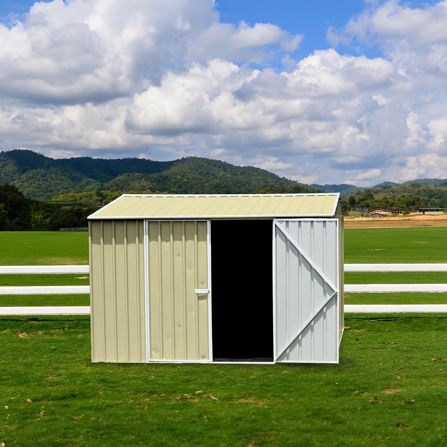 Absco Premier Storage Sheds, 10'x10' Metal Garage, DIY Backyard Shed, Utility Tool Storage, Weather & Wind Resistant Aluminum Panels & Steel Frame, Maintenance-Free, 12 Year Warranty, Classic Cream