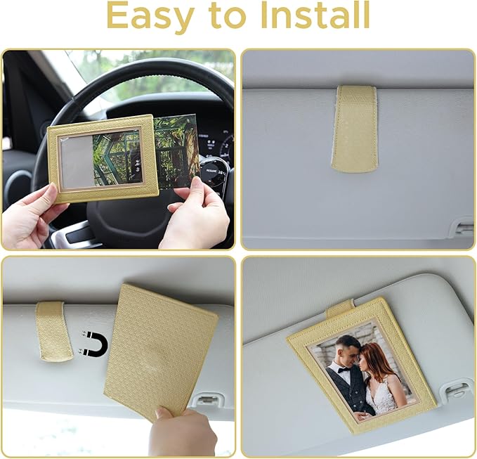 KINIVA 2 Pack Car Picture Holder - Magnetic Faux Leather Picture Frame for Safe Driving - Gift for Dad Mom Husband Wife Car Visor Accessories, Car Accessory (Fits 2.5"x3.5" Photos) (Yellow)
