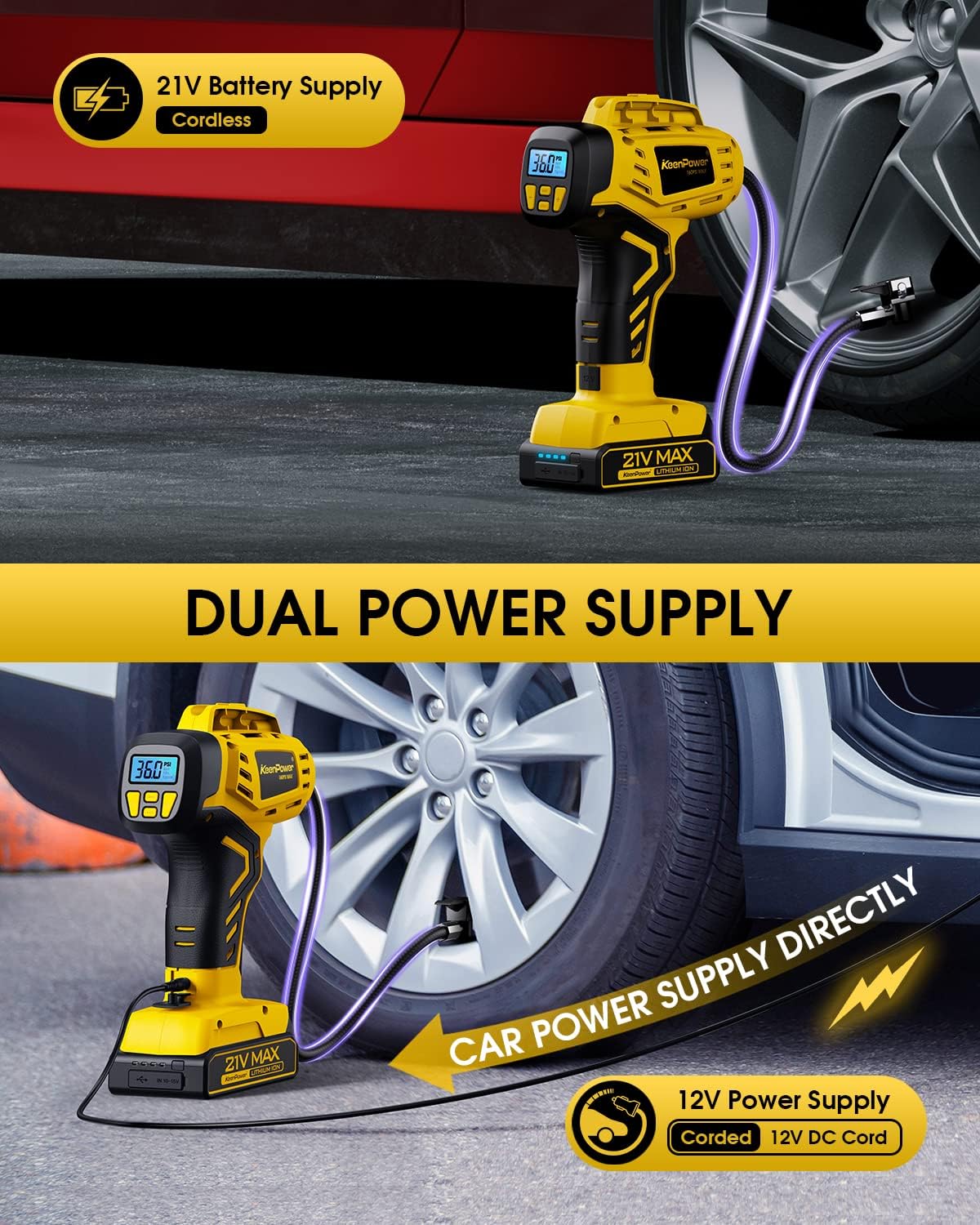 Tire Inflator Portable Air Compressor - 2X Faster - 21V Rechargeable Battery Powered Handheld 160PSI Tire Inflator, Dual Power Supply Modes, Air Pump for Car Motorcycle E-Bike