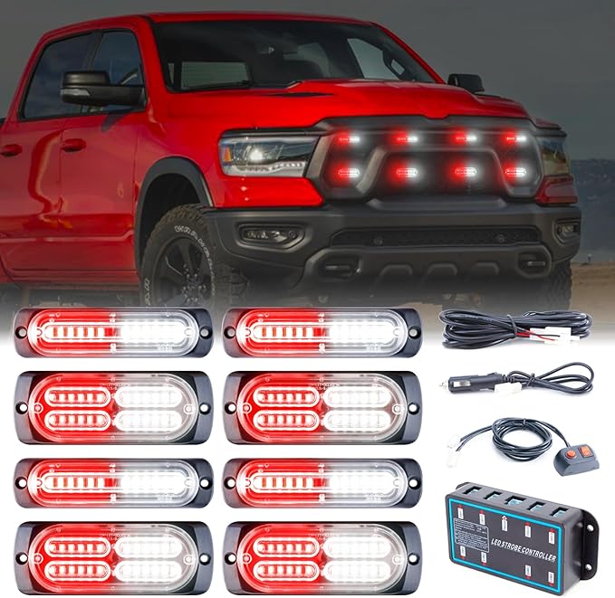 8pcs Sync Feature Emergency Strobe Grille Lights LED Ultra Slim Surface Mount Flashing Hazard Warning Light Bar with Controller for Firefighter/Construction/Trucks/Vehicles/Car (Ren/White)