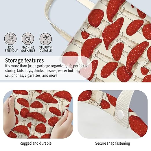 Car Trash Can, Hanging Garbage Bin for Men and Women, Cute Car Organizer and Storage Bag, Canvas Vehicle Trash Can Bag Easy-to-Install Cute Red Mushroom