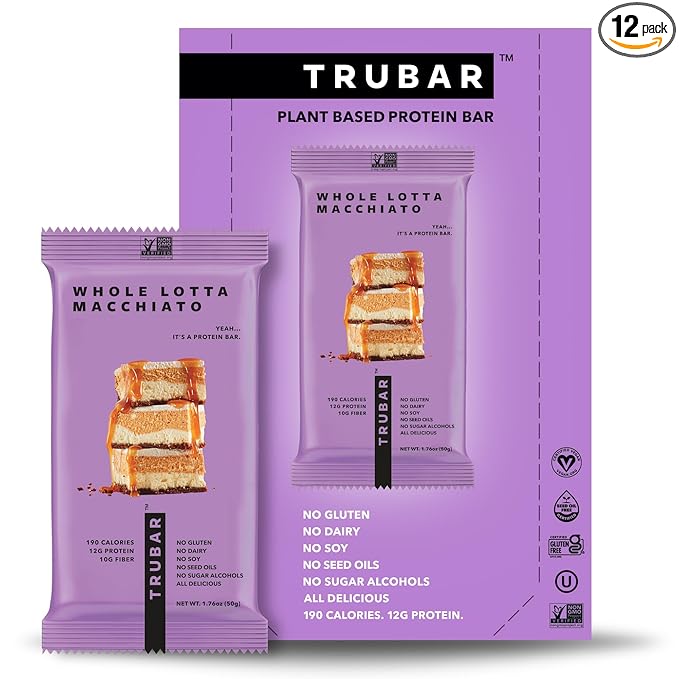 TRUBAR Vegan Protein Bar, Whole Lotta Macchiato, Gluten Free, Plant Based Protein, Dairy Free, Non GMO, Soy Free, No Sugar Alcohols, 12G Protein, 12G Fiber, 23G Carb, On the Go Snack Bars, 12 CT