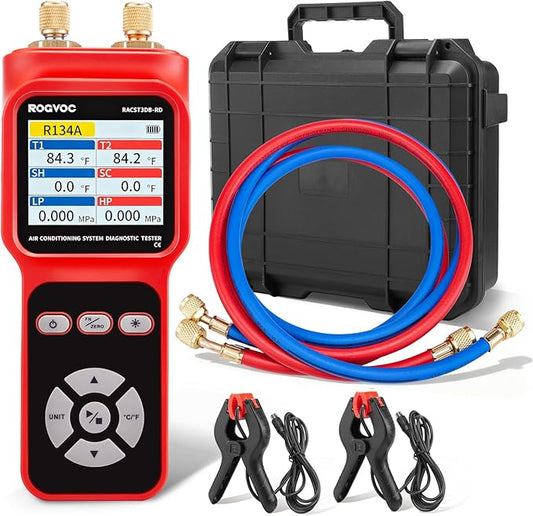 Digital Manifold Pressure Tester Gauge for HVAC, 2-Way AC Pressure Gauges with 2 Thermometer Clamps and 2 Hoses for Air Conditioner Performance Testing