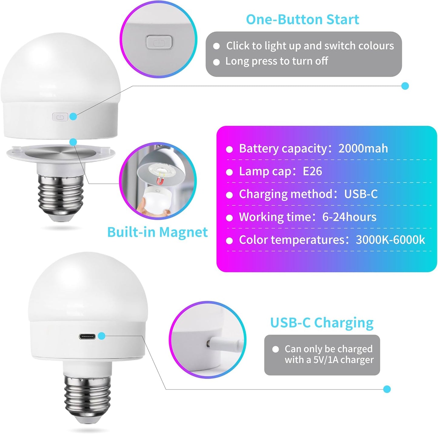 HISTAR Rechargeable Light Bulbs with Remote, E26 Battery Operated Light Bulb for Non-Hardwired Fixture, 3-Color Temperature, RGB, Timer, 4Pack