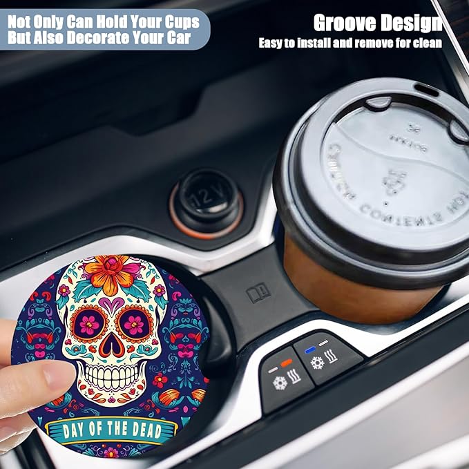 Car Cup Holder Coaster - Sugar Skull Absorbent Ceramic Coaster, Dia de Los Muertos Drink Cup Holder Coasters, Auto Interior Accessories, Drink Cup Holder Coasters for Women & Men Pack of 2