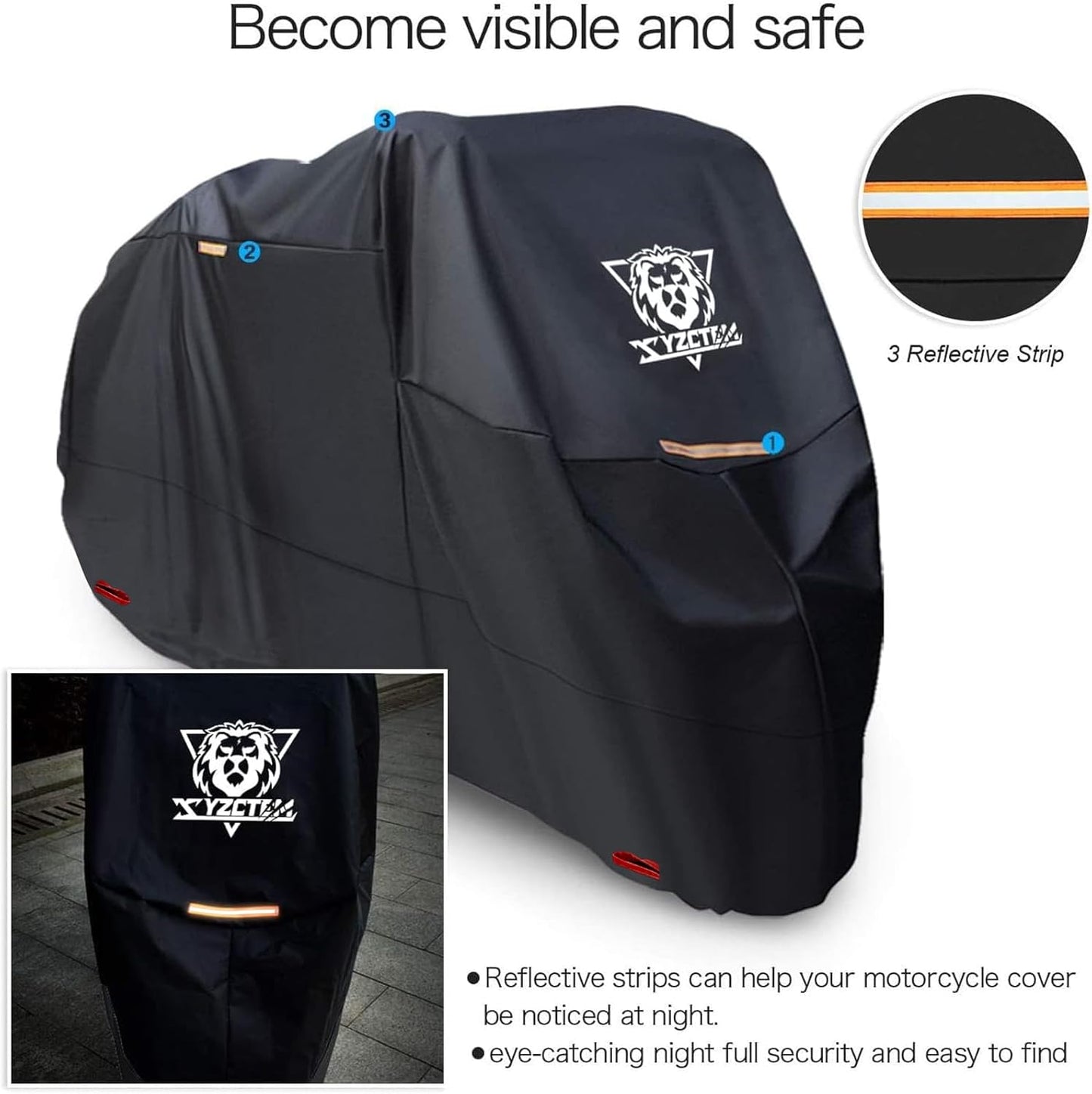 XYZCTEM Motorcycle Cover -Waterproof Outdoor Storage Bag, Made of Oxford Material, Fits up to 116" Harley Davison and All Motors (Black& Lockholes& Professional Windproof Strap)