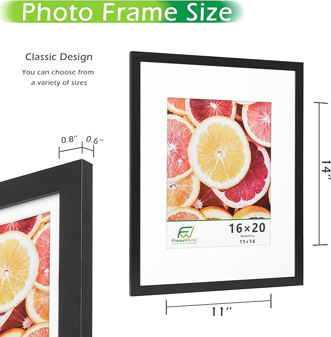 FrameWorks 2-Pack, 16x20 Matted to 11x14 Picture Frame, Black ??Classic Wooden Photo Frame with Tempered Glass, Modern Matte Finish for Prints, Posters, Certificates & Wall Decor ??Gallery-Ready