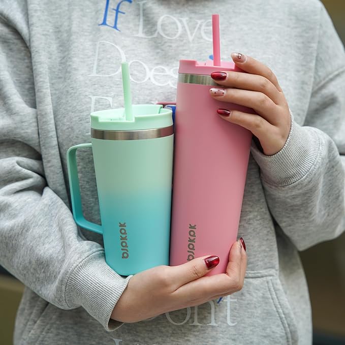 BJPKPK Insulated Tumbler with Handle, 30oz Insulated Tumblers with Lid and Straw, Stainless Steel Metal Water Bottles, Coffee Travel Mugs, Cups, Light Pink