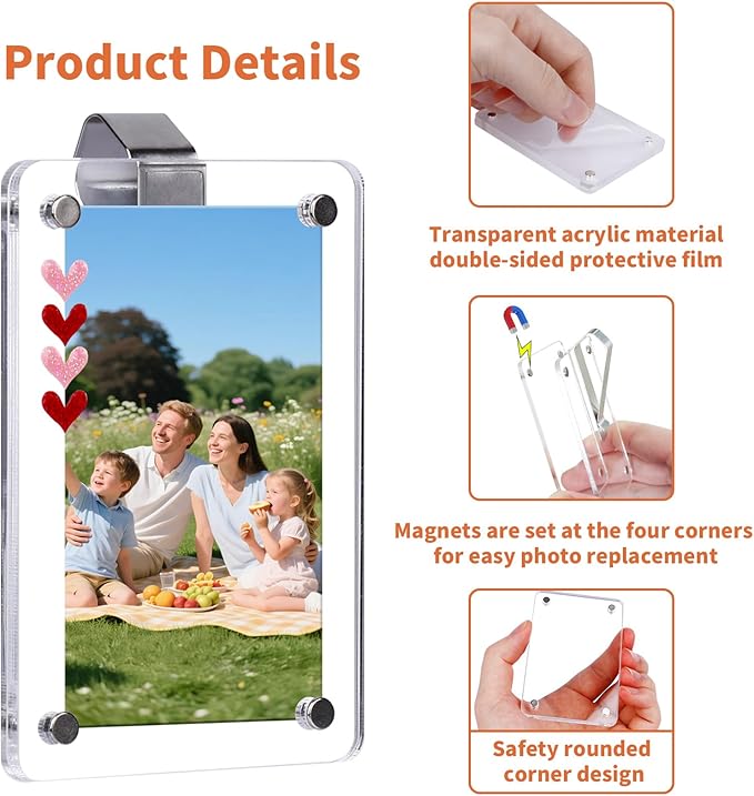 2pcs Car Photo Holder, Acrylic Magnetic Car Visor Photo Clip for 3.5" X 2.3" - with Heart Stickers Personalized Meaningful Car Accessories Gift for Mother/Dad/Kid & Anniversary Present