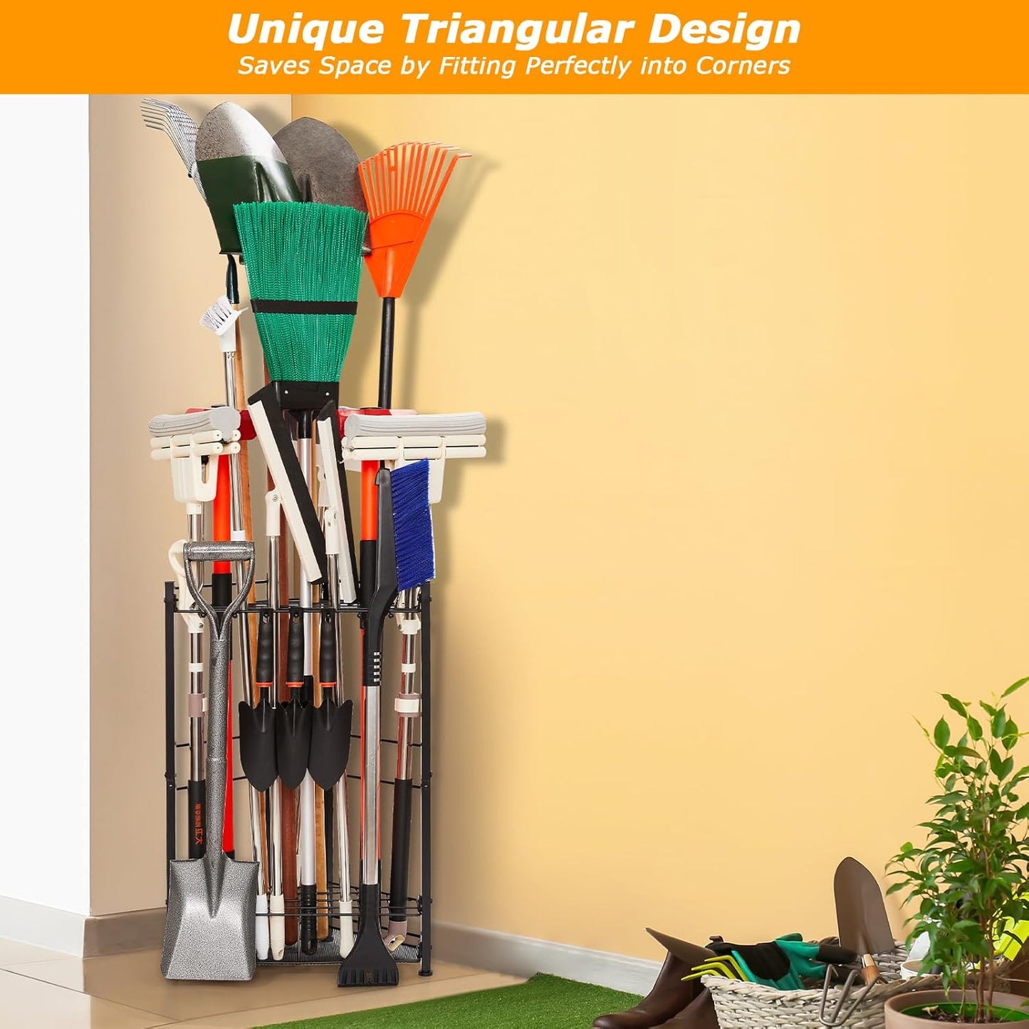 Garden Tool Organizer for Corner, Holds 35 Long-Handled Tools/Rakes/Brooms/Shovles for Garage Organization and Storage, Shed, Outdoor, Lawn, Heavy-Duty Steel, Black, Easy Assembly (Triangle Organizer)