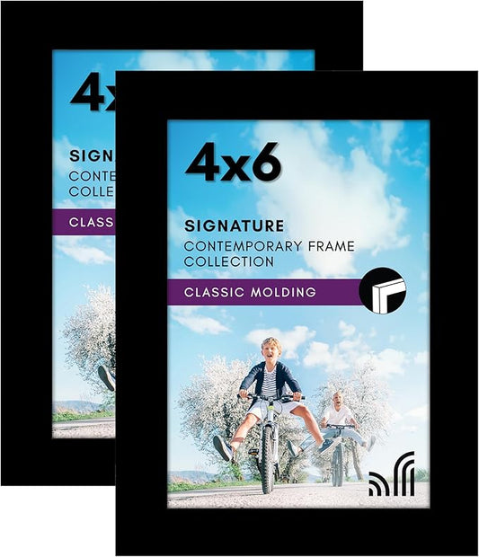 Americanflat 4x6 Picture Frame with Shatter-Resistant Glass - Set of 2 - Signature Collection - Gallery-Style Frames Made of Engineered Wood - Picture Frames for Tabletop and Wall Display - Black