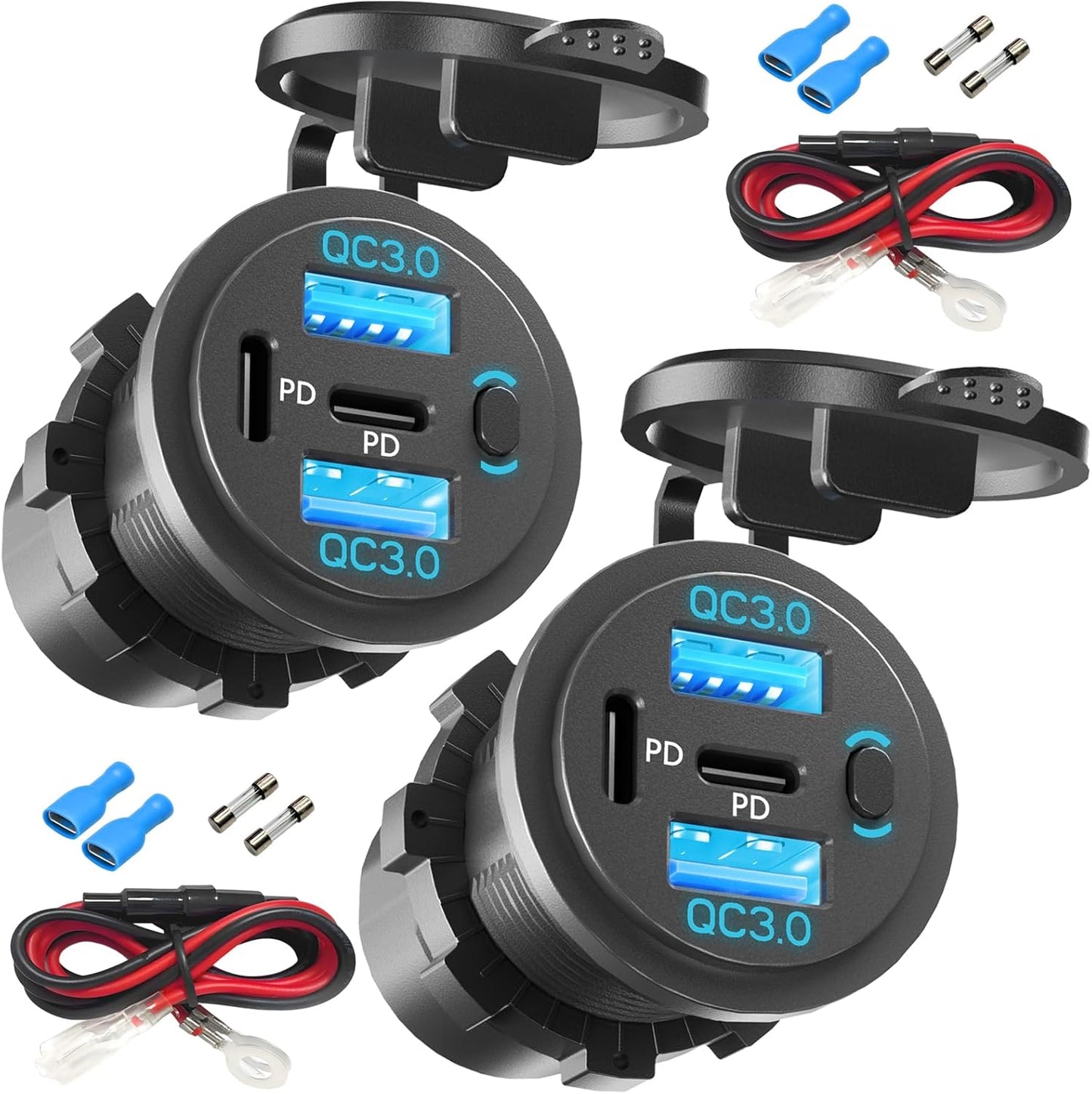 2PCS,Dual PD USB C Ports & Dual USB Quick Charge 3.0 Ports 12V USB Outlet with Switch, VANONE Waterproof and Dustproof Car Charger Socket, Accessories for Car Boat Marine Motorcycle RV ATV Golf Cart