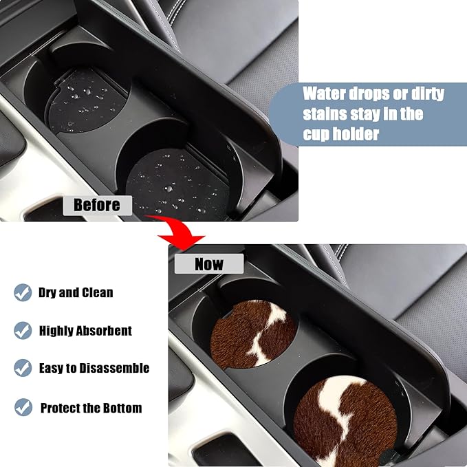 Car Cup Holder Coaster -Cow Hide Brown Absorbent Ceramic Coaster, Car Coasters for Cup Holders, Auto Accessories for Women & Men, Pack of 2