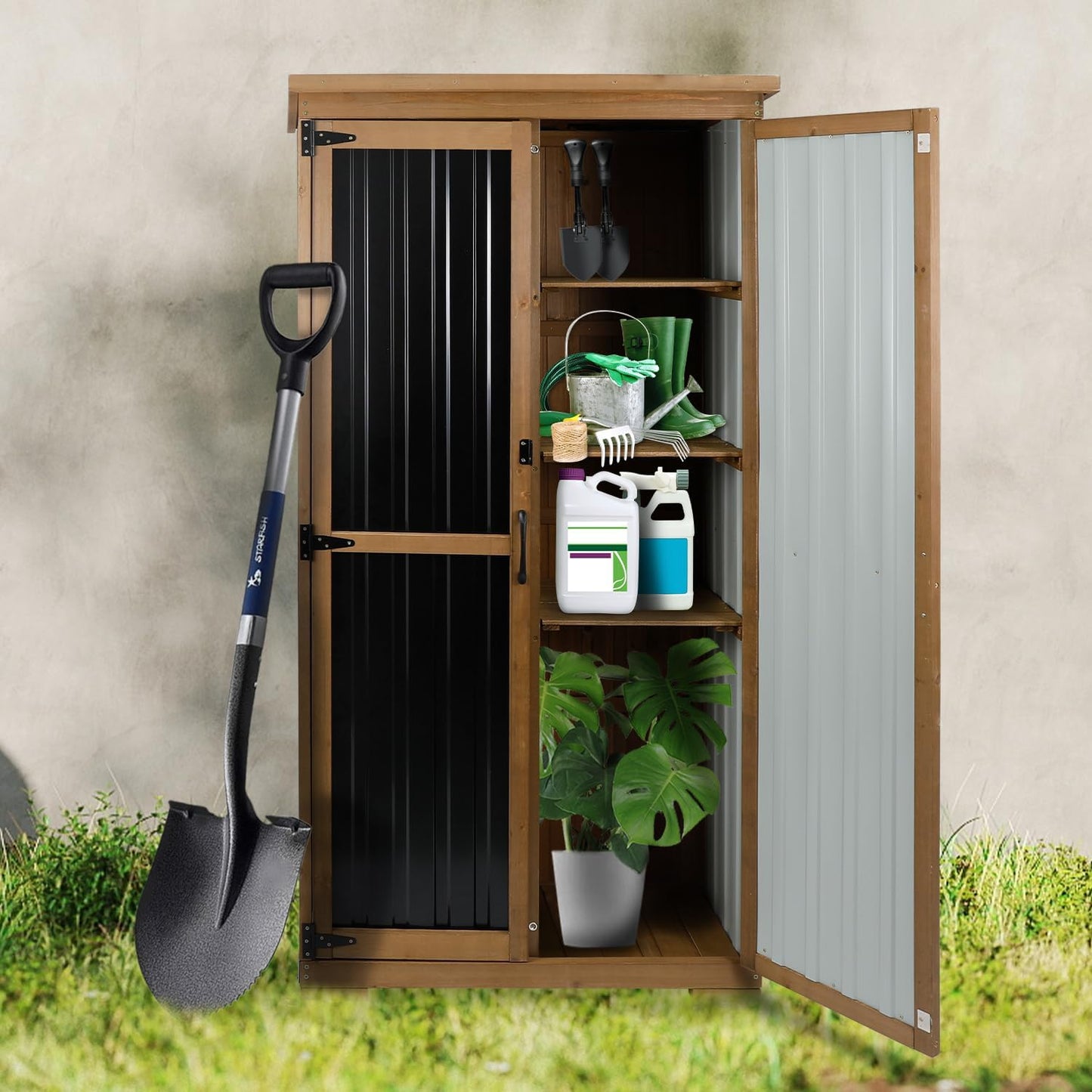 Outdoor Storage Cabinet Waterproof with Shelves, Small Storage Shed, Vertical Tall Patio Backyard Garden Storage Cabinet Tool Organizer for Outside