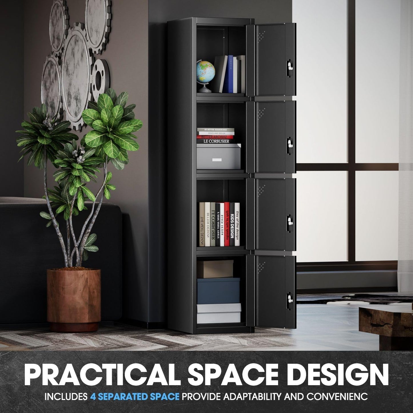 DNA MOTORING Metal Storage Cabinet for Employees with Keys, 71" Employees Metal Locker with 4 Doors, Tall Storage Lockers for Garage,Office,Home,Gym, Black, TOOLS-00790-BK-BK