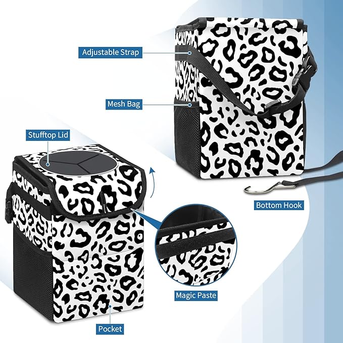 Car Trash Can Leopard Wate-rproof Auto Garbage Bag Car Trash Can with Lid Leak-Proof Car Storage Bag Hanging for Headrest Collapsible and Portable with Storage Mesh Pocket