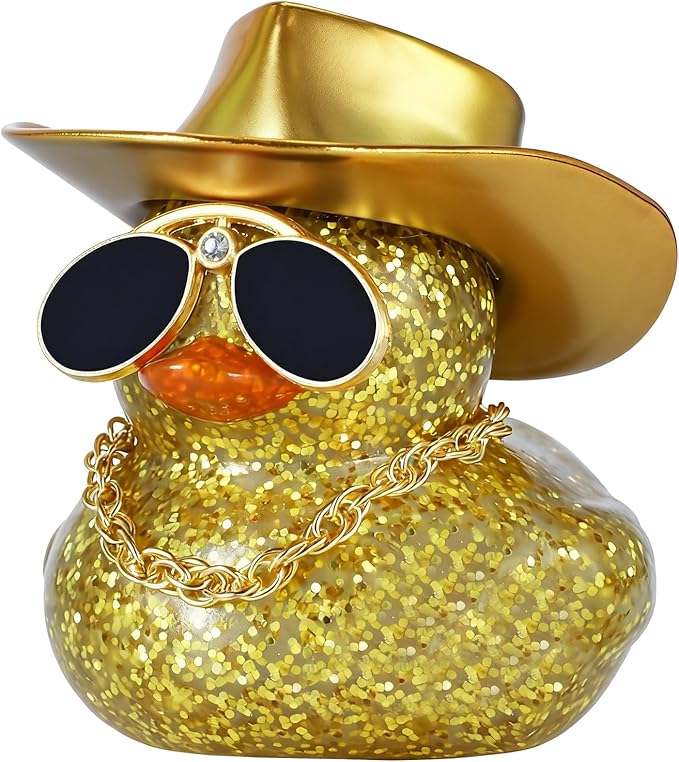 BOZILY Golden Cowboy Hat Rubber Duck with Sunglasses & Necklace - DIY Dashboard Decor, Squeaky Sound, Premium Rubber Car Accessory for Office Desk, Birthday Gift