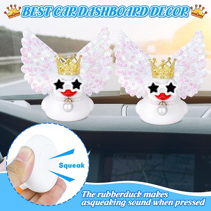BOZILY White Rubber Ducks Angel Decor with Glitter Wings, Crown, Star Sunglasses & Pearl Necklace - Squeaky Dashboard Decoration for Car, Stress Relief Gift, DIY Fun Accessories