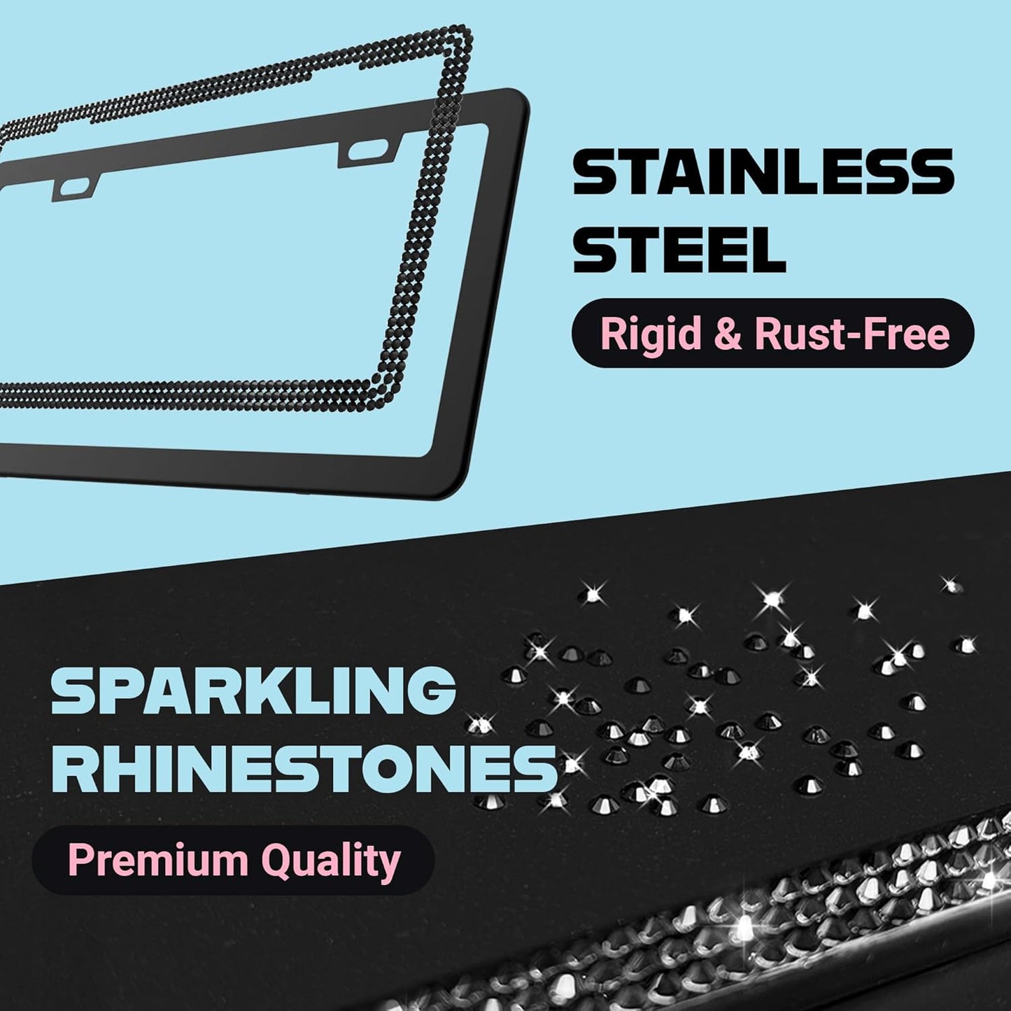 Elegant Bling License Plate Frame for Women - 1 Pack, 800 Premium Black Rhinestones, Rust-Free Stainless Steel, Street Legal Slim Design, Sparkly Diamond Car Tag Holder with Glitter Crystal Covers