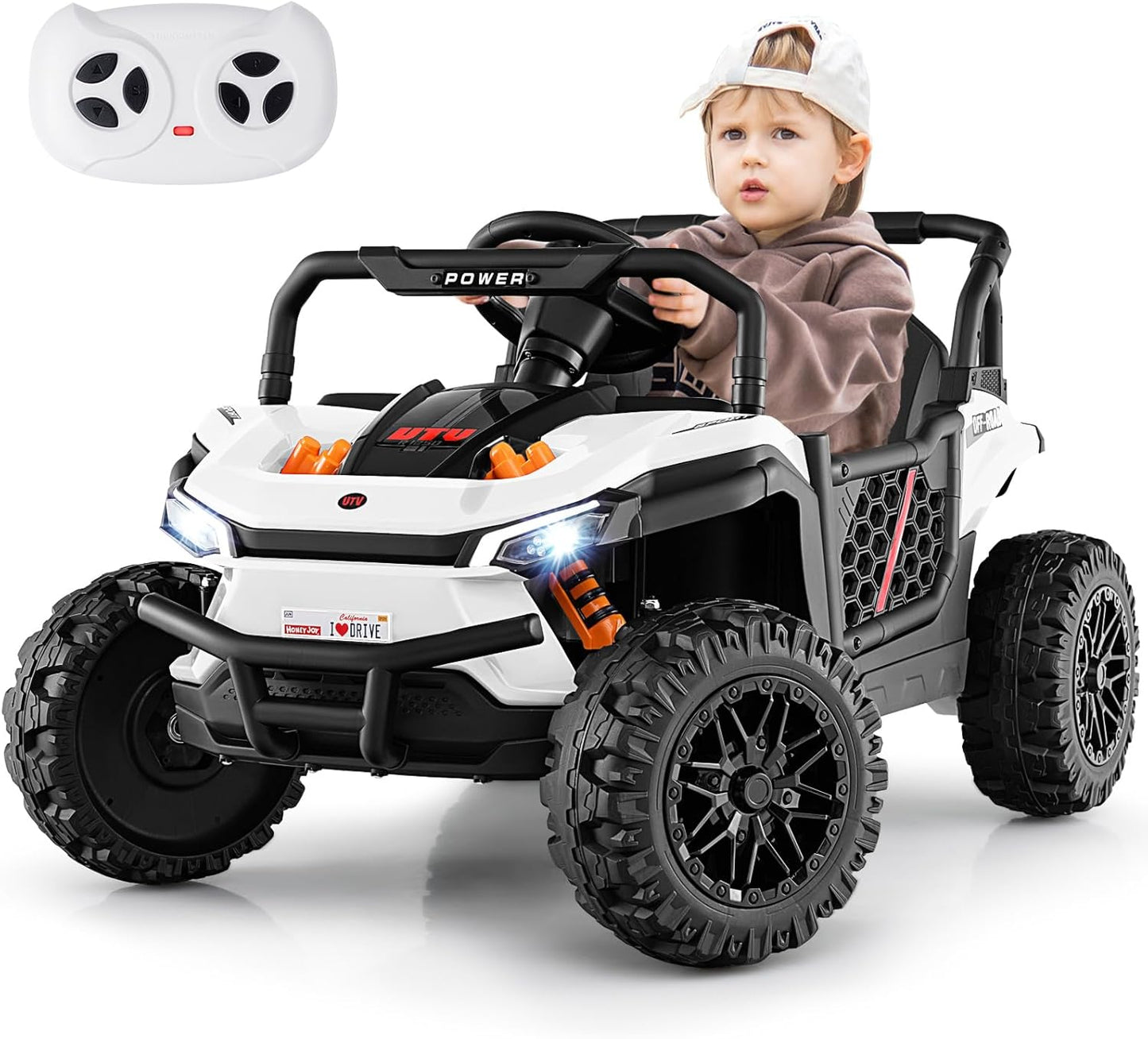 Costzon Kids UTV, 12V Battery Powered Electric Off-Road Car w/Remote Control, Sounds, Wireless Connection, 3 Speeds & 4-Wheel Suspension, Kids Ride on Truck, Gift for Boys & Girls 3+ Years Old (White)