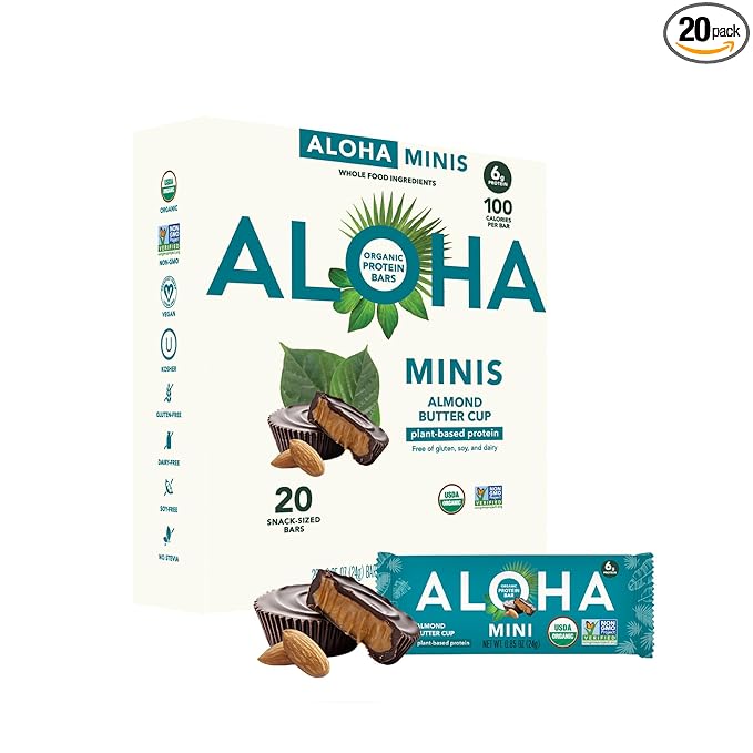 ALOHA Organic Plant Based Protein Bar MINIS | Almond Butter Cup | 20 Count, 24g Bars | Vegan, Low Sugar, Gluten Free, Low Carb, Non-GMO, Stevia Free, Soy Free, No Sugar Alcohols
