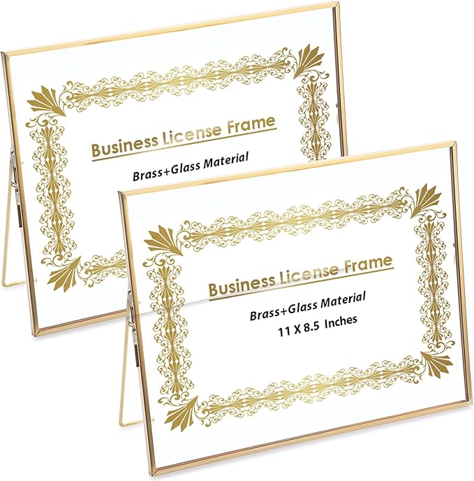 JUXYES 2 Pack Tabletop Business License Frame Brass License Certificate Display Frame, Double Glass Floating Diploma Frames, Desktop Golden Graduation Frames for 8.5x11 Certificate Business Licenses