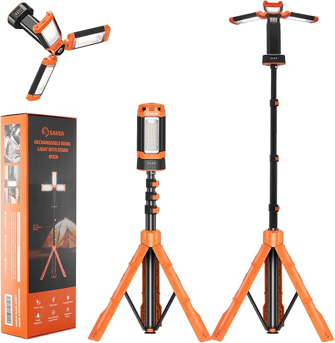 Saker Portable Camping Light with Stand 73.2" Rechargeable Work Light 800/3200 Lumen 4000/6500K Dimmable Emergency Flashlight for Garage, Outdoor Work, Power Outages, Fishing LD10 Orange