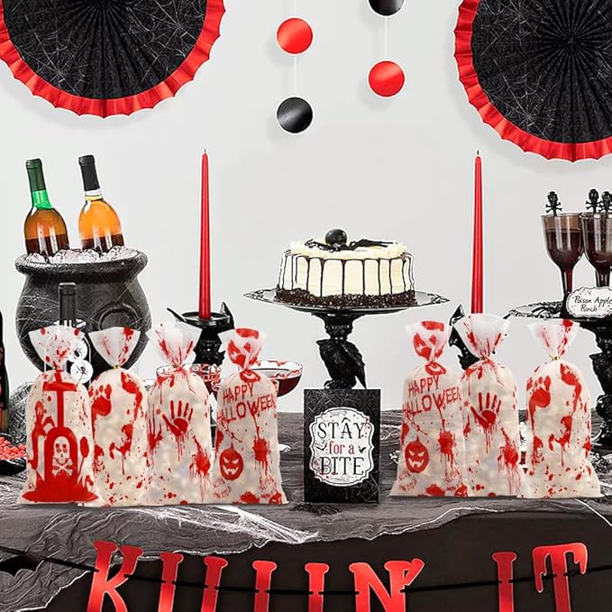 100 PCS Halloween Cellophane Bags(5.1x10.6 Inch) with Ties Horror Ghost Blood Theme Trick or Treat Bag Goodie Candy Gifts Bags Pouches for Halloween Wicked Party Favors Supplies Birthday Decorations