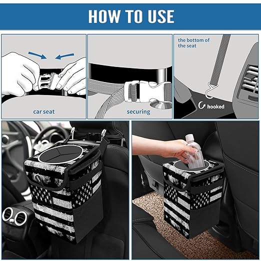 Car Trash Can Black White Grunge American Flag Auto Garbage Bag Car Trash Can with Lid Leak-Proof Car Storage Bag Garbage Bag Hanging for Headrest Collapsible and Portable with Storage Mesh Pocket