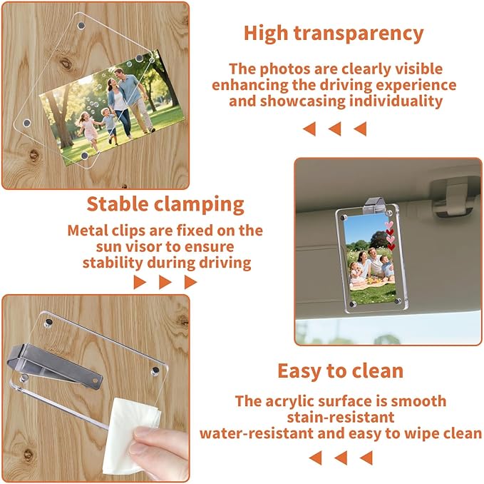 2pcs Car Photo Holder, Acrylic Magnetic Car Visor Photo Clip for 3.5" X 2.3" - with Heart Stickers Personalized Meaningful Car Accessories Gift for Mother/Dad/Kid & Anniversary Present