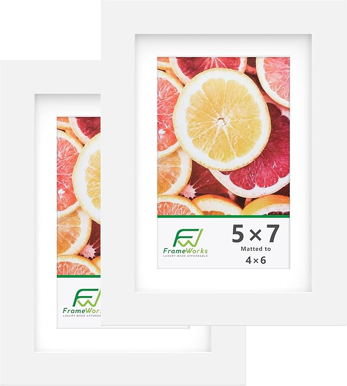 FrameWorks 2-Pack, 5x7 Matted to 4x6 Picture Frame, White ??Classic Wooden Photo Frame with Tempered Glass, Modern Matte Finish for Prints, Posters, Certificates & Wall Decor ??Gallery-Ready