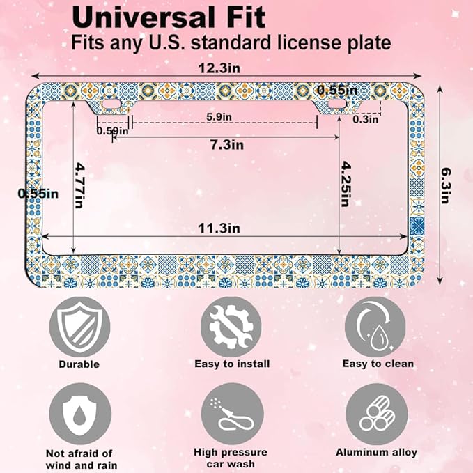 1pcs Vintage European Mediterranean Style Blue and White License Plate Frame for Women, Spanish Style car Decorative tag Frames Girly,Italian Mediterranean License Plate Cover Holder with Keychain tag