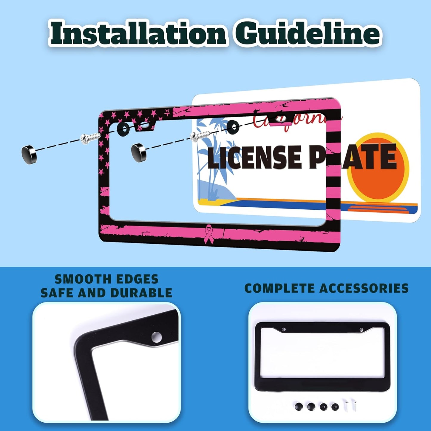 Breast Cancer Awareness Pink Ribbon License Plate Frame American Flag License Plate Holder for Front or Rear Car Tags Reusable Stainless Steel Funny Car Decoration with Screws 6.3 X 12.2 in