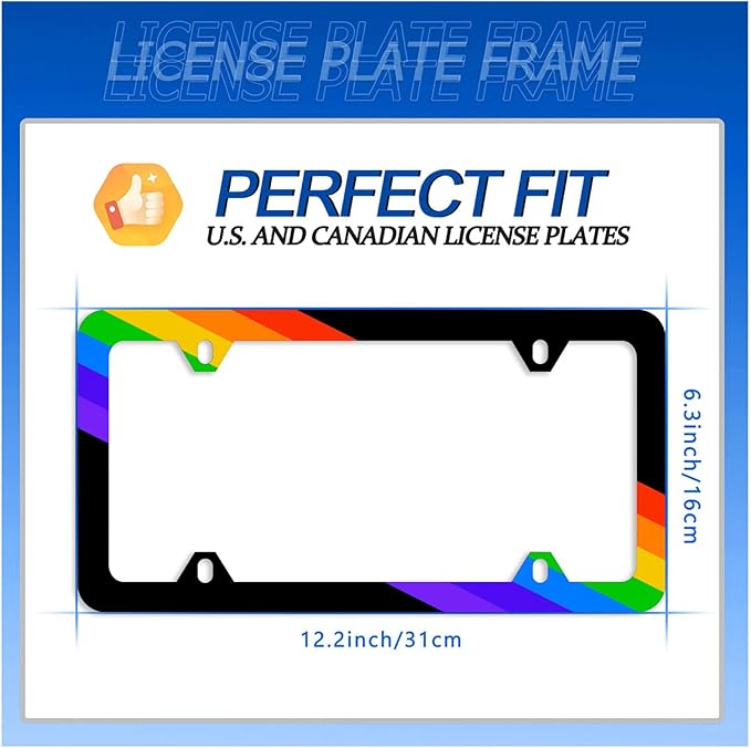 Rainbow Lines License Plate Frame LGBT Flag Gay Lesbian License Plate Stainless Steel Auto Parts Funny License Plate Decorative with Screws Size 12.3" x 6.3" for Women Men