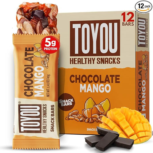 ToYou Chewy Fruit and Nut Bars - Healthy Protein Snacks | Chocolate Mango - 1.41 Ounce (Pack of 12) | Soft Chewy, Fiber-packed Granola Bars for Adults and Kids, Made with Natural Ingredients