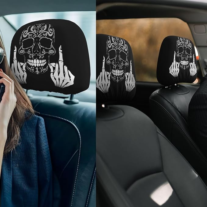 Dujiea 2 Pack Funny Skull Car Headrest Covers, Universal Soft Car Seat Head Rest Cover Protector, Vehicle Accessories Fabric Headrest Cover for Cars Vans Trucks