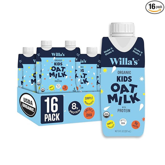 Willa's Organic Kid's Oat Milk with 8g Protein & 240g Calcium, Plant-Based Milk for Kids, Dairy-Free, Low Sugar, 2g Fiber – 8.25 oz, 16 Pack