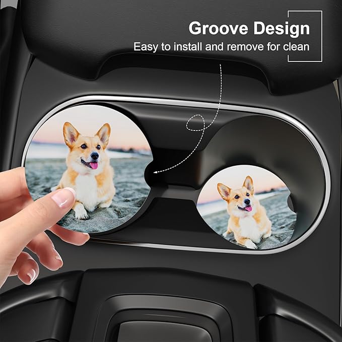 Car Cup Holder Coaster, Car Coasters for Cup Holders, 2 Pack Universal Anti Slip Insert Absorbent Ceramic Auto Interior Accessories with A Finger Notch & Cork Base, Cute Dog