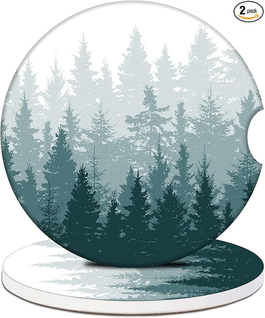 Car Cup Holder Coaster - Misty Forest Absorbent Ceramic Coaster, Car Coasters for Cup Holders, Auto Accessories for Women & Men, Pack of 2