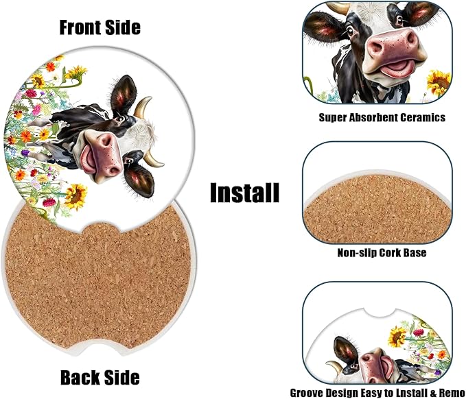 Car Cup Holder Coaster - Cow Flower Absorbent Ceramic Coaster, Car Coasters for Cup Holders, Auto Accessories for Women & Men, Pack of 2